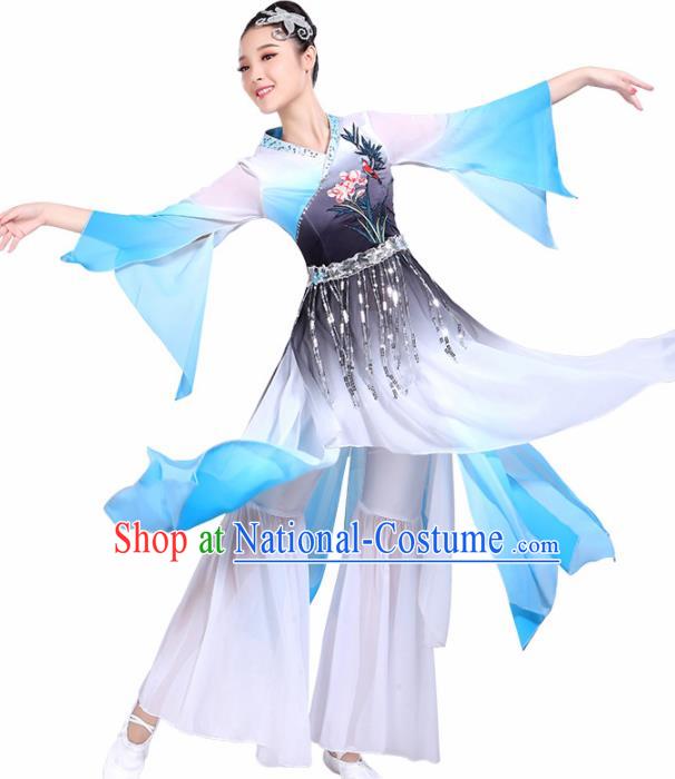 Chinese Traditional Umbrella Dance Blue Dress Classical Dance Fan Dance Costume for Women