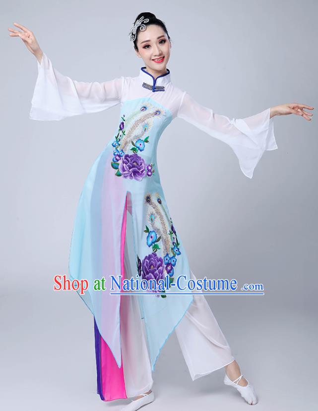 Chinese Traditional Umbrella Dance Stage Show Light Blue Dress Classical Dance Fan Dance Costume for Women