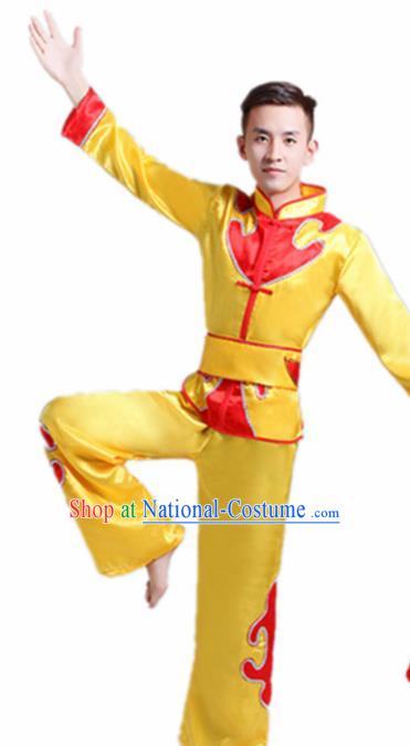 Traditional Chinese Drum Dance Folk Dance Yellow Outfits Fan Dance Costume for Men