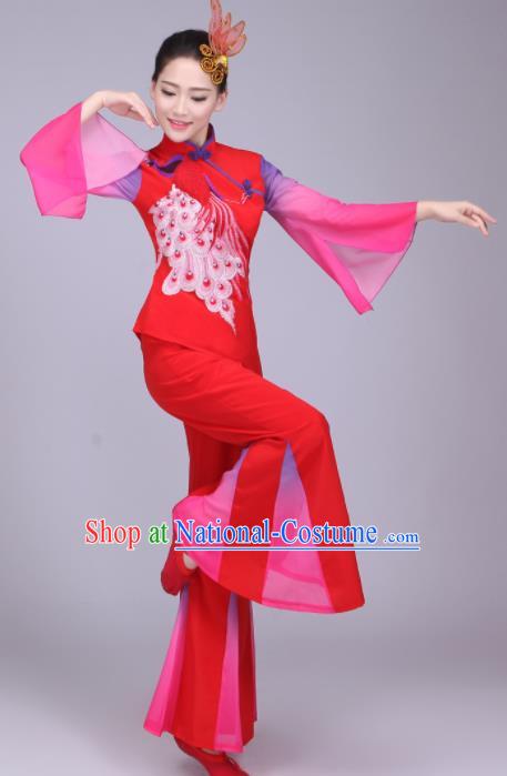 Chinese Traditional Folk Dance Fan Dance Red Outfits Yangko Group Dance Costume for Women