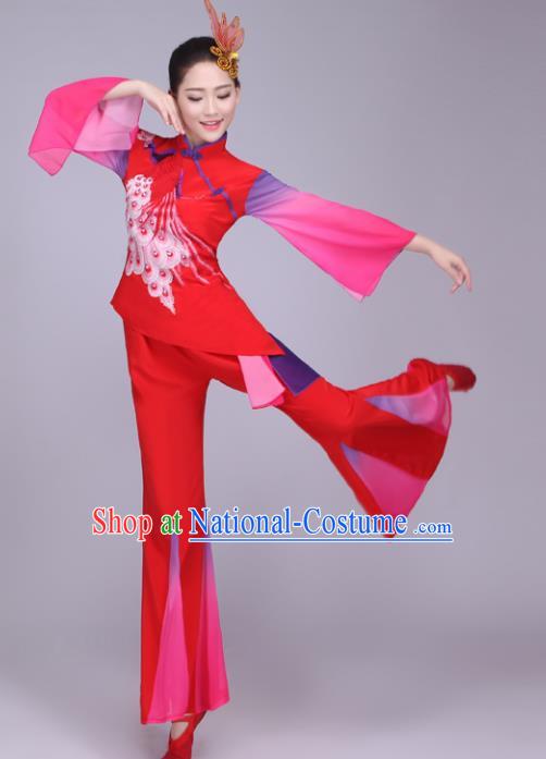 Chinese Traditional Folk Dance Fan Dance Red Outfits Yangko Group Dance Costume for Women