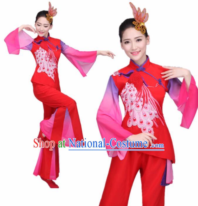 Chinese Traditional Folk Dance Fan Dance Red Outfits Yangko Group Dance Costume for Women