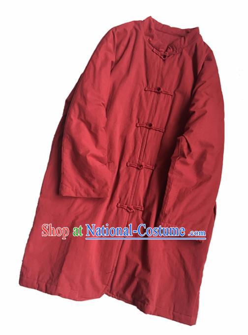 Chinese Traditional Tang Suit Red Cotton Wadded Jacket National Upper Outer Garment Costume for Women