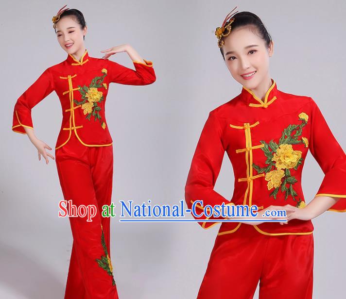 Chinese Traditional Folk Dance Yangko Red Outfits Fan Dance Group Dance Costume for Women