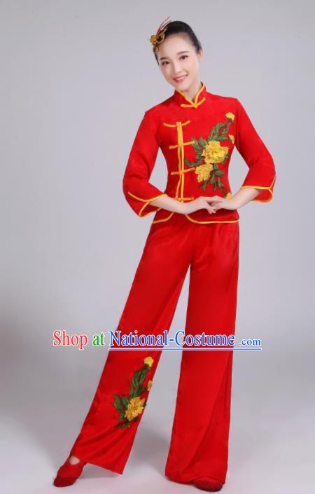 Chinese Traditional Folk Dance Yangko Red Outfits Fan Dance Group Dance Costume for Women