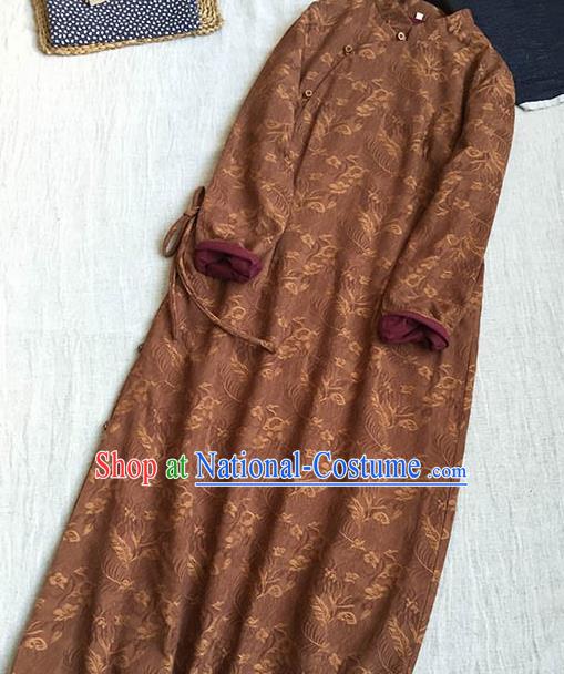 Chinese Traditional Tang Suit Printing Brown Linen Cheongsam National Costume Qipao Dress for Women