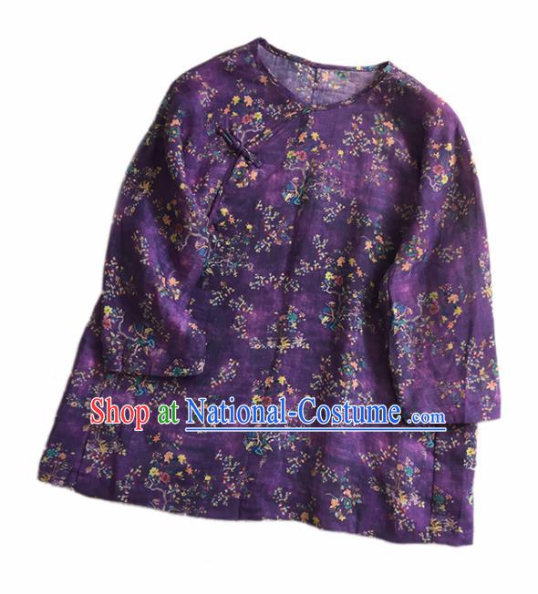 Chinese Traditional Tang Suit Printing Flowers Purple Ramie Blouse National Upper Outer Garment Costume for Women