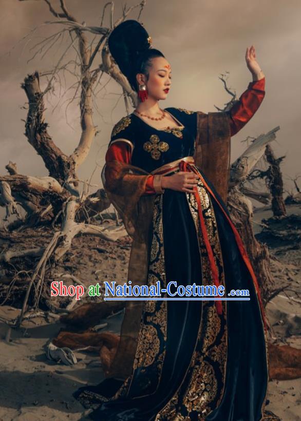 Traditional Chinese Ancient Court Apsaras Dance Black Hanfu Dress Tang Dynasty Royal Princess Replica Costume for Women