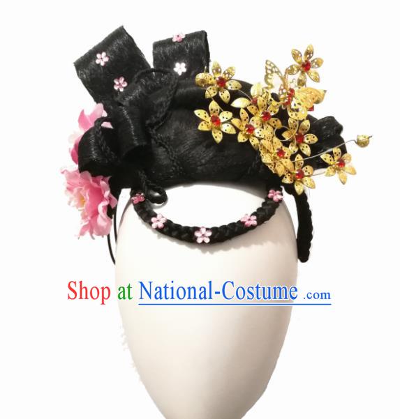 Chinese Traditional Classical Dance Hair Accessories Flying Flower Dance Wig Chignon Headdress for Women