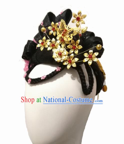 Chinese Traditional Classical Dance Hair Accessories Flying Flower Dance Wig Chignon Headdress for Women