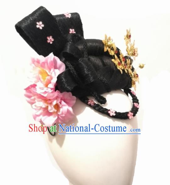 Chinese Traditional Classical Dance Hair Accessories Flying Flower Dance Wig Chignon Headdress for Women