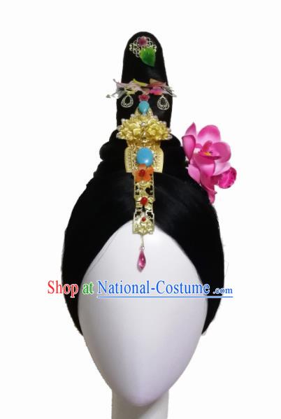 Traditional Chinese Classical Dance Wang Zhaojun Hair Accessories Fan Dance Wig Chignon Headdress for Women