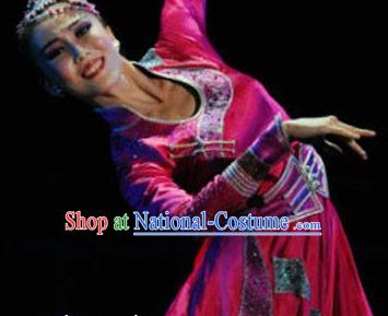 Chinese Traditional Mongol Ethnic Dance Rosy Dress Mongolian Nationality Dance Costume for Women