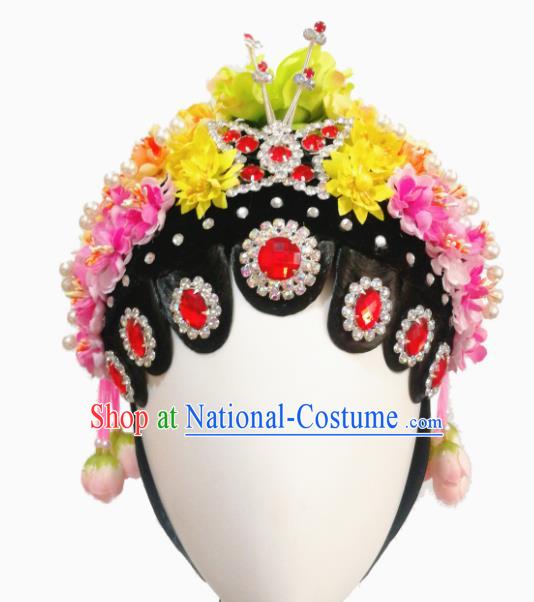 Chinese Traditional Classical Dance Beijing Opera Diva Hair Accessories Fan Dance Wig Chignon Headdress for Women