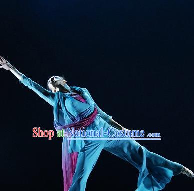 Chinese Traditional Classical Dance Fan Dance Blue Outfits Group Dance Costume for Women