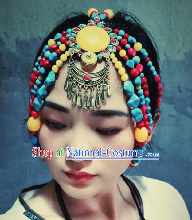 Chinese Traditional Zang Ethnic Dance Beads Hair Accessories Tibetan Nationality Headwear for Women