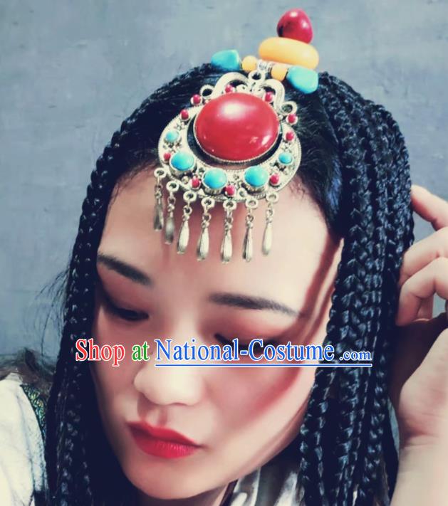 Chinese Traditional Zang Ethnic Wedding Beads Hair Accessories Tibetan Nationality Headwear for Women