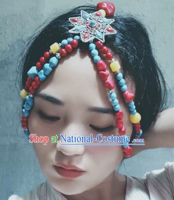 Chinese Traditional Zang Ethnic Colorful Stone Hair Accessories Tibetan Nationality Headwear for Women