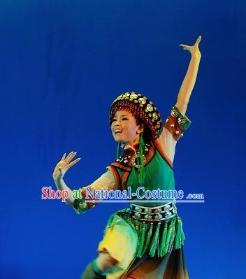 Chinese Traditional Dai Ethnic Dance Green Dress Nationality Dance Costume for Women