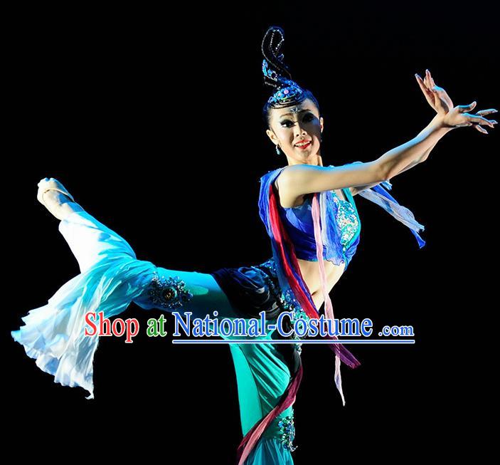 Chinese Traditional Classical Dance Dunhuang Flying Dance Blue Outfits Group Dance Costume for Women