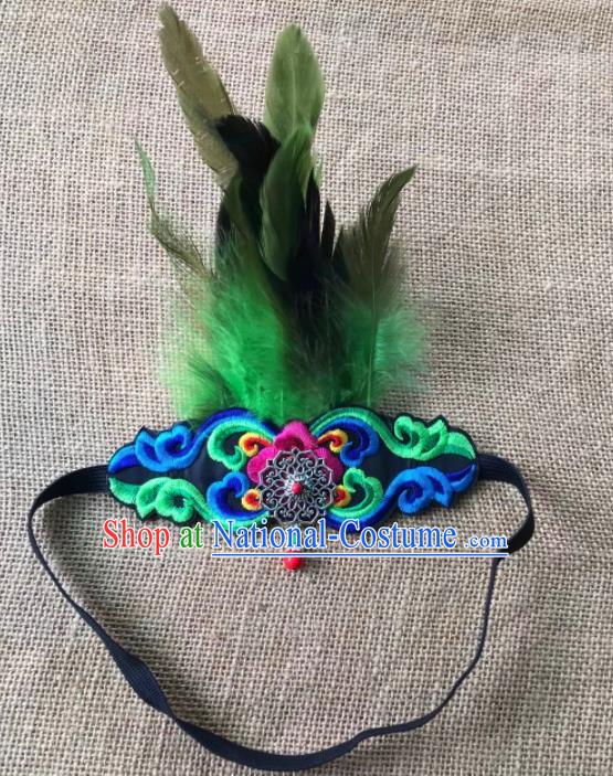 Chinese Traditional Tibetan Ethnic Green Feather Embroidered Hair Clasp Hair Accessories Zang Minority Nationality Headwear for Women