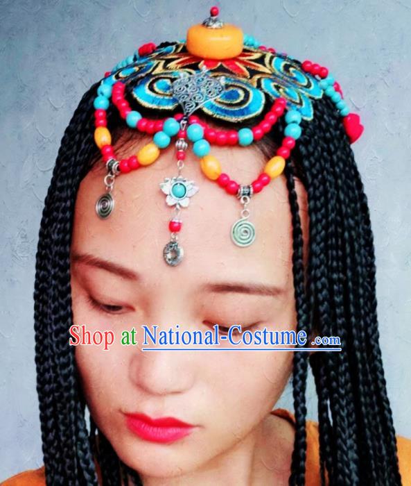 Chinese Traditional Tibetan Ethnic Blue Embroidered Hair Clasp Hair Accessories Zang Minority Nationality Headwear for Women