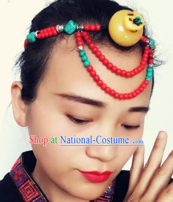 Chinese Traditional Tibetan Ethnic Red Beads Hair Clasp Hair Accessories Zang Minority Nationality Headwear for Women