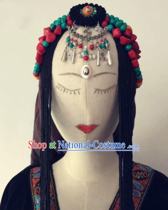 Chinese Traditional Tibetan Ethnic Braid Tassel Hair Accessories Zang Minority Nationality Headwear for Women