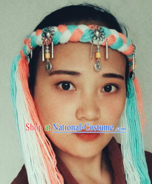 Chinese Traditional Tibetan Ethnic Wool Knitting Hair Accessories Zang Minority Nationality Headwear for Women