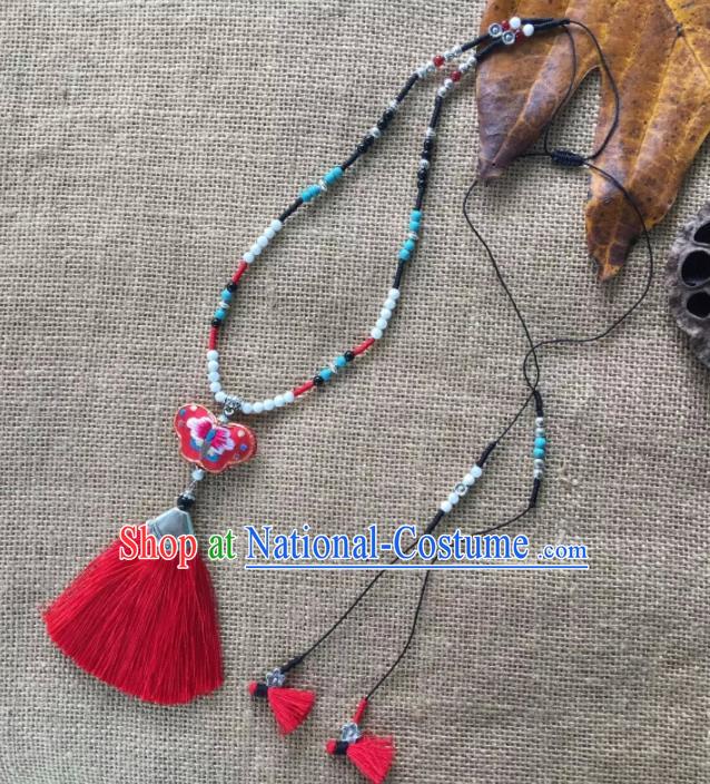 Chinese Traditional Ethnic Red Embroidered Necklace Accessories Nationality Tassel Necklet for Women