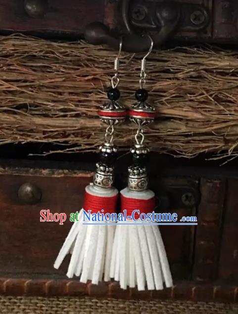 Chinese Traditional Ethnic Ear Accessories Miao Nationality White Tassel Silver Earrings for Women