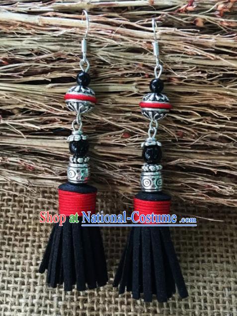 Chinese Traditional Ethnic Ear Accessories Miao Nationality Black Tassel Silver Earrings for Women