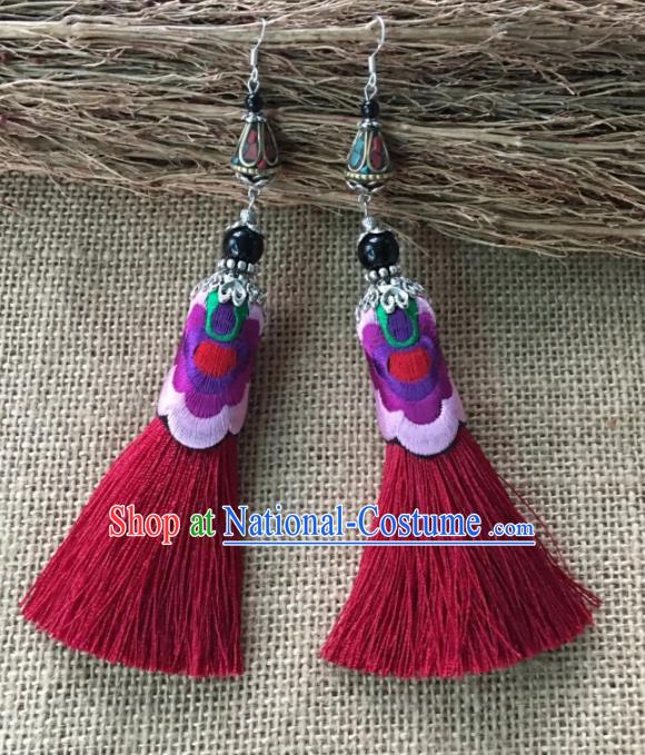 Chinese Traditional Ethnic Embroidered Ear Accessories Miao Nationality Wine Red Tassel Earrings for Women