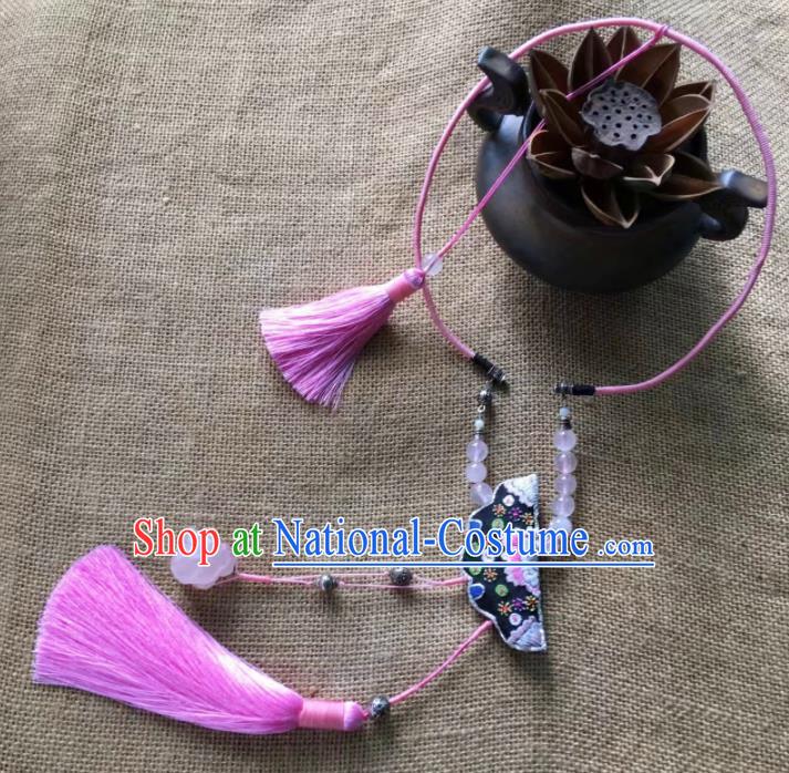 Chinese Traditional Ethnic Embroidered Necklace Accessories Nationality Pink Tassel Necklet for Women