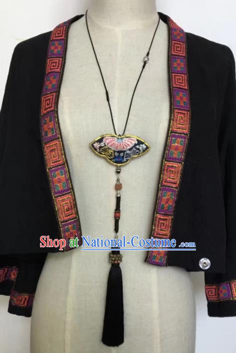 Chinese Traditional Ethnic Black Embroidered Butterfly Necklace Accessories Nationality Silver Tassel Necklet for Women