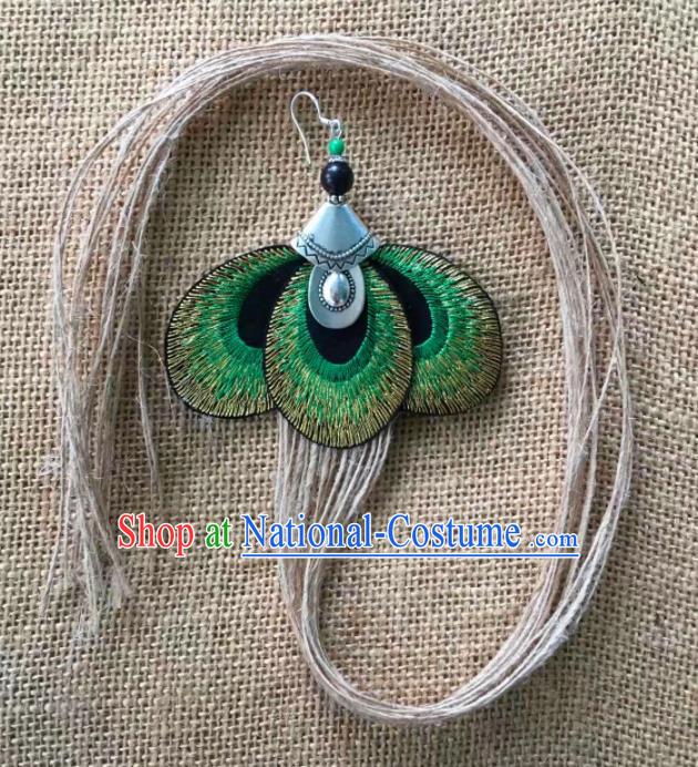 Chinese Traditional Ethnic Ear Accessories Nationality Green Embroidered Tassel Earrings for Women