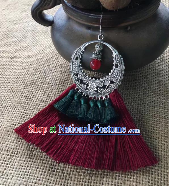 Chinese Traditional Ethnic Silver Ear Accessories Miao Nationality Red Tassel Earrings for Women