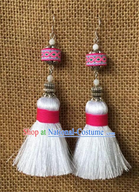 Chinese Traditional Ethnic White Tassel Ear Accessories Miao Nationality Embroidered Earrings for Women