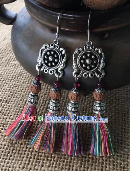 Chinese Traditional Ethnic Wool Yarn Tassel Ear Accessories Miao Nationality Silver Earrings for Women