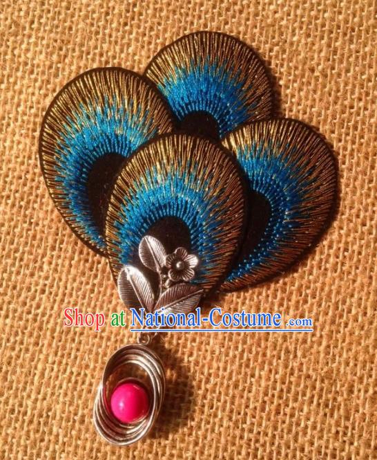 Chinese Traditional Ethnic Blue Embroidered Hair Claw Hair Accessories Minority Peacock Dance Headwear for Women