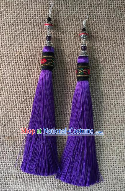 Chinese Traditional Dai Ethnic Ear Accessories Miao Nationality Purple Tassel Earrings for Women