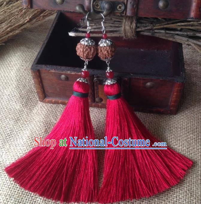 Chinese Traditional Ethnic Linden Ear Accessories Miao Nationality Red Tassel Earrings for Women