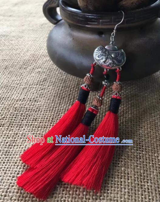 Chinese Traditional Ethnic Red Tassel Ear Accessories Miao Nationality Silver Earrings for Women