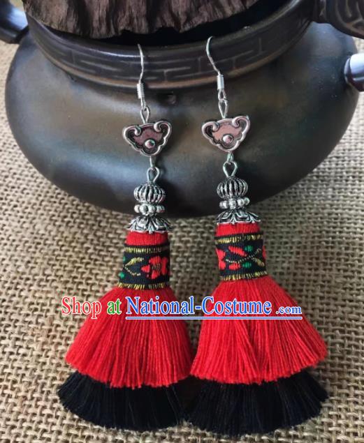 Chinese Traditional Ethnic Red Tassel Ear Accessories Miao Nationality Silver Cloud Earrings for Women