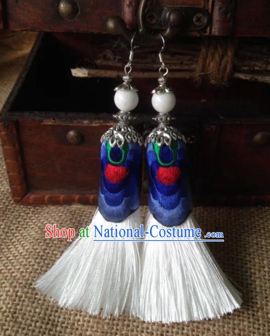 Chinese Traditional Ethnic White Tassel Ear Accessories Miao Nationality Embroidered Earrings for Women