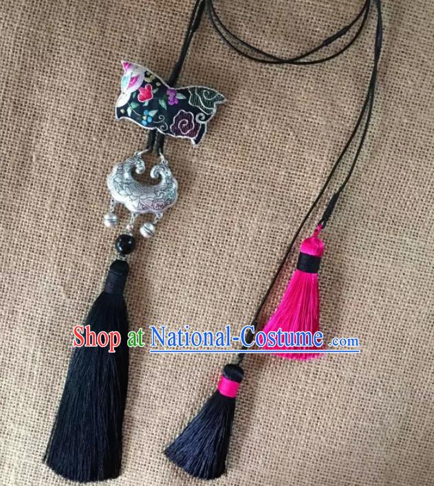 Chinese Traditional Ethnic Embroidered Necklace Accessories Nationality Black Tassel Silver Necklet for Women