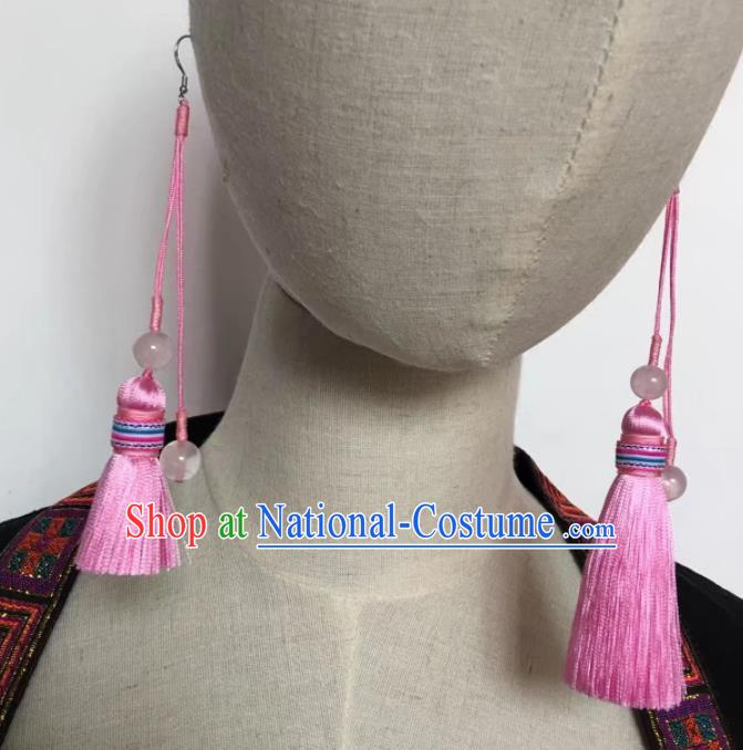 Chinese Traditional Ethnic Pink Tassel Ear Accessories Miao Nationality Earrings for Women