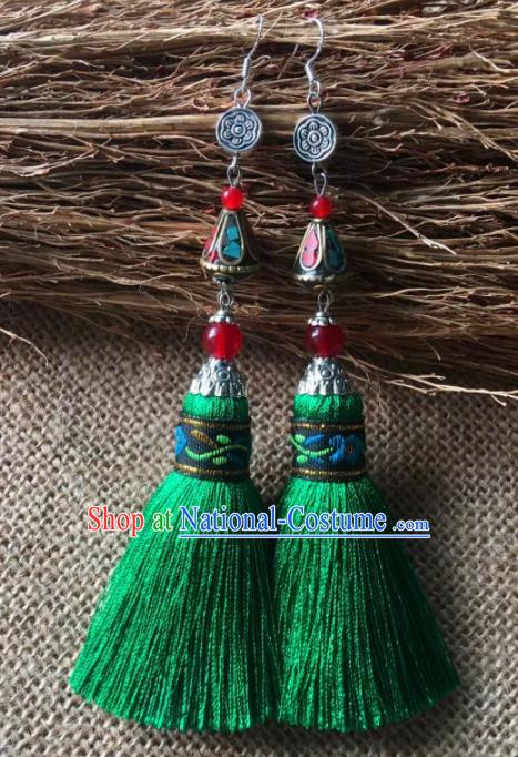 Chinese Traditional Ethnic Ear Accessories Miao Nationality Green Tassel Silver Carving Earrings for Women