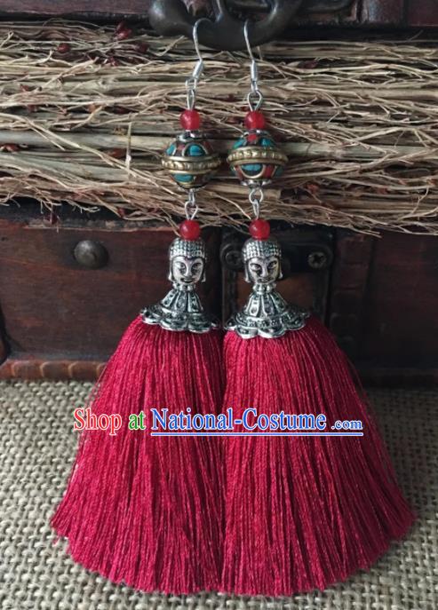 Chinese Traditional Ethnic Ear Accessories Miao Nationality Red Tassel Silver Carving Buddha Earrings for Women