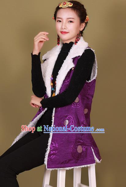 Traditional Chinese Zang Ethnic Winter Purple Vest Tibetan Minority Upper Outer Garment Costume for Women